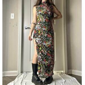 Ed hardy maxi dress side slit micro mesh mock neck size s